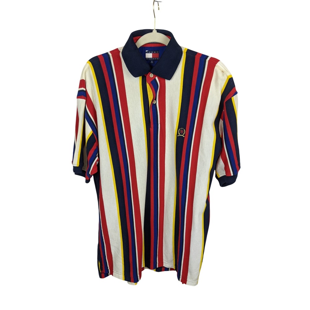 Vintage Tommy Hilfiger Mens Vertical Stripe Polo Shirt Red Navy Yellow Medium